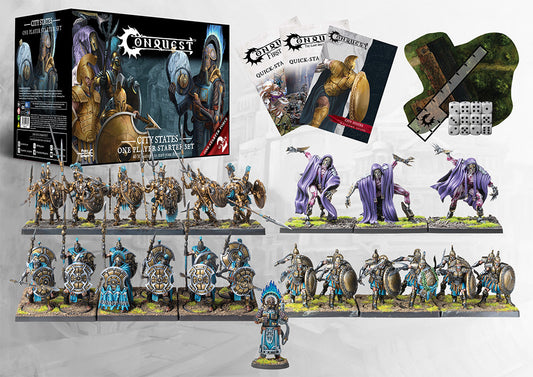 A display of the full contents of the Conquest City States One Player Starter Set, including 40 miniatures, quick-start guides, dice, and a game map.