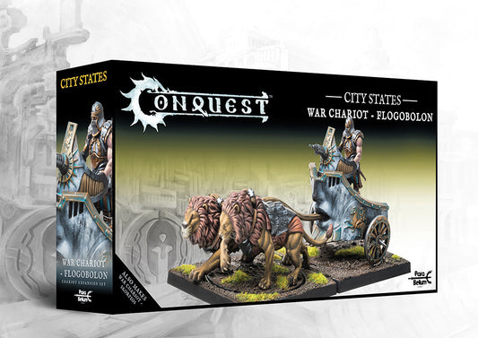 The product box for the City States War Chariot Flogobolon, a dual kit that also builds a Skorpios, showing the lion-drawn chariot model.