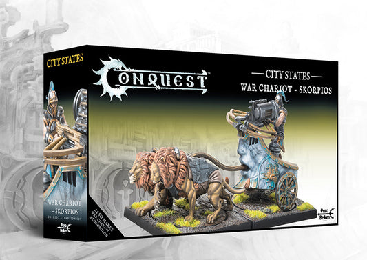 The product box for the City States War Chariot Skorpios, a dual kit that also builds a Pyrgocyon, showing the lion-drawn chariot model.