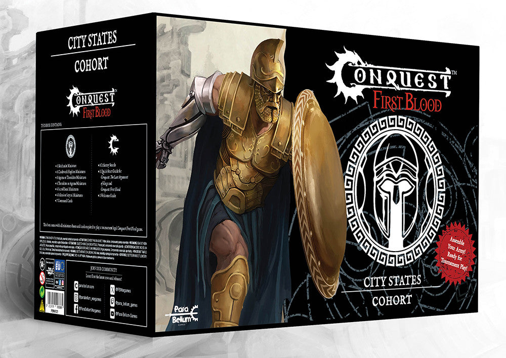 The retail box for the Conquest First Blood City States Cohort starter set, featuring artwork of a hoplite warrior and the First Blood skirmish game logo.