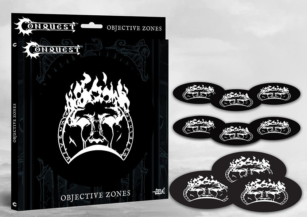 The product packaging and nine oval objective markers for Conquest, featuring a black and white design themed with the Old Dominion faction symbol.