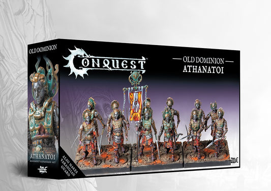 The product box for the Old Dominion Athanatoi, a dual kit that also builds Varangian Guard, showing a painted unit of undead warriors with swords.