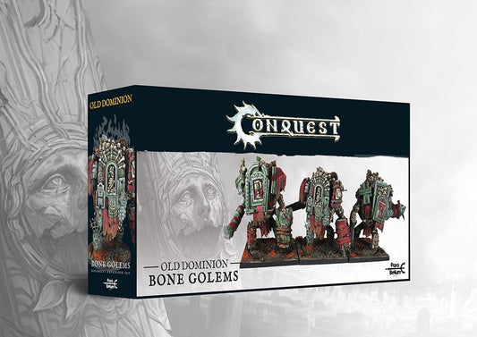 The product box for the Old Dominion Bone Golems regiment expansion set, showing three painted bone construct miniatures for the Conquest wargame.