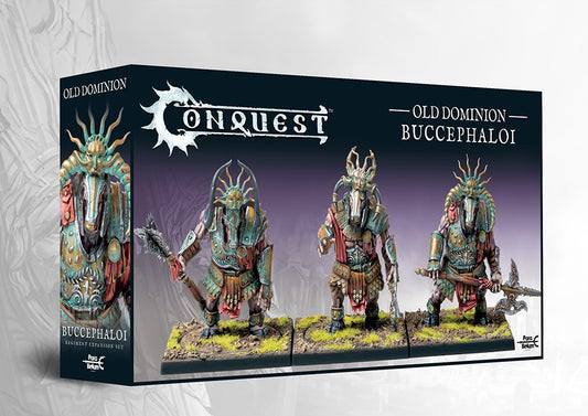 The product box for the Old Dominion Buccephaloi regiment expansion set, showing three painted undead minotaur-like miniatures for the Conquest wargame.