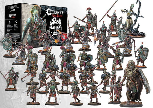 All the miniatures included in the Old Dominion First Blood Cohort starter set, assembled and painted, displayed next to the product box.