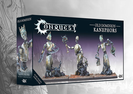The product box for the Conquest Old Dominion Kanephors, a dual kit that also builds Karyatids, showing three animated statue miniatures on the cover.