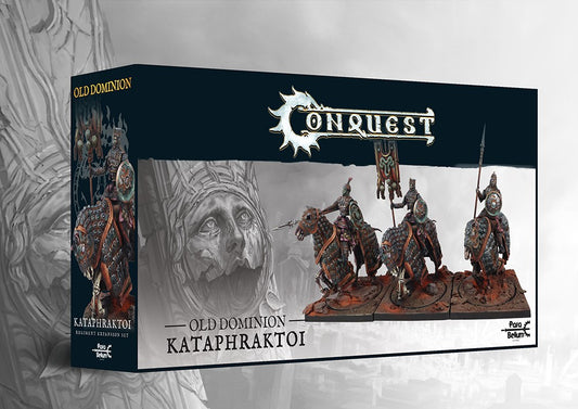 The product box for the Old Dominion Kataphraktoi regiment expansion set, showing three painted heavy cavalry miniatures for the Conquest wargame.