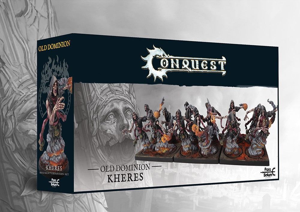 The product box for the Old Dominion Kheres regiment expansion set, showing twelve painted spectral miniatures rising from smoke for the Conquest wargame.