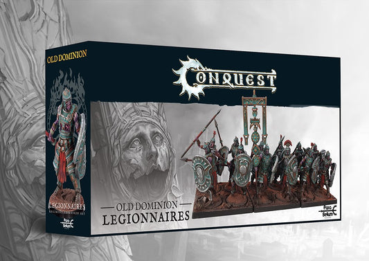 The product box for the Old Dominion Legionnaires, a dual kit for Conquest, showing a unit of painted undead spearmen with large shields.