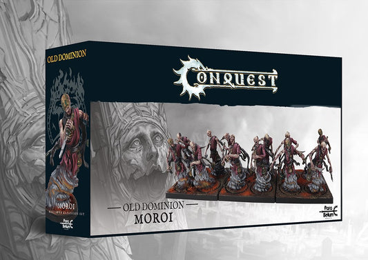 The product box for the Old Dominion Moroi regiment expansion set, showing twelve painted spectral miniatures with daggers for the Conquest wargame.