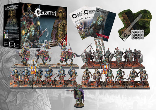 A display of the full contents of the Conquest Old Dominion One Player Starter Set, including 40 miniatures, quick-start guides, dice, and battlefield.