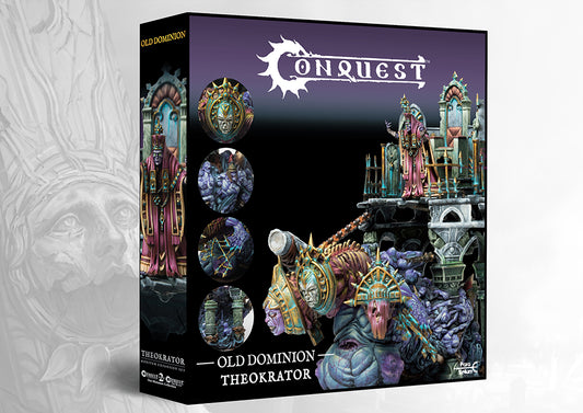The product box for the Conquest Old Dominion Theokrator monster expansion set, showing the model and close-up detail shots on the side.