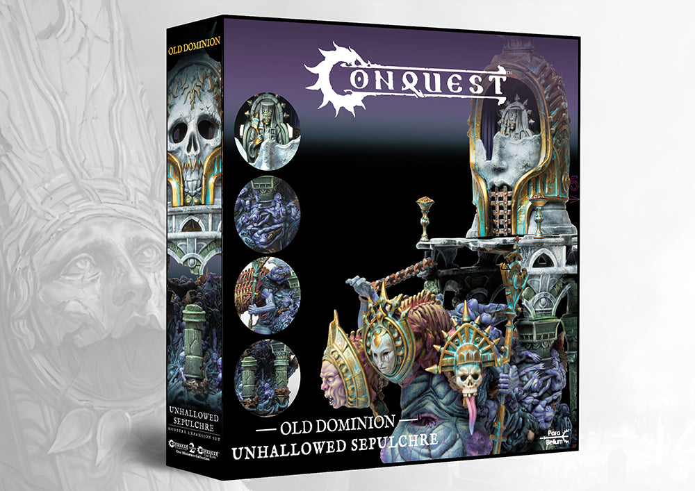 The retail box for the Conquest Old Dominion Unhallowed Sepulchre monster expansion, showing the full model art and close-up detail photos.