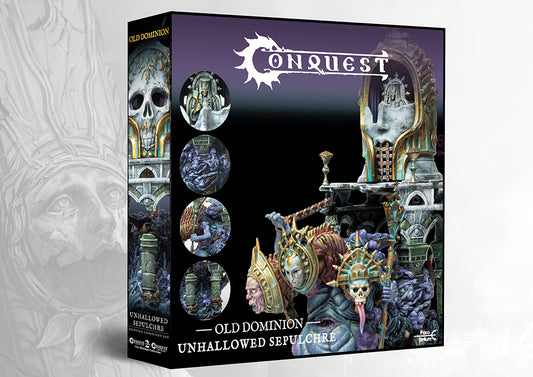The retail box for the Conquest Old Dominion Unhallowed Sepulchre monster expansion, showing the full model art and close-up detail photos.