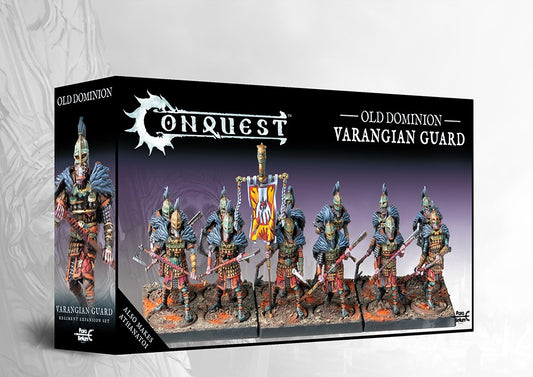 The product box for the Old Dominion Varangian Guard, a dual kit that also builds Athanatoi, showing a painted unit of undead warriors with axes.