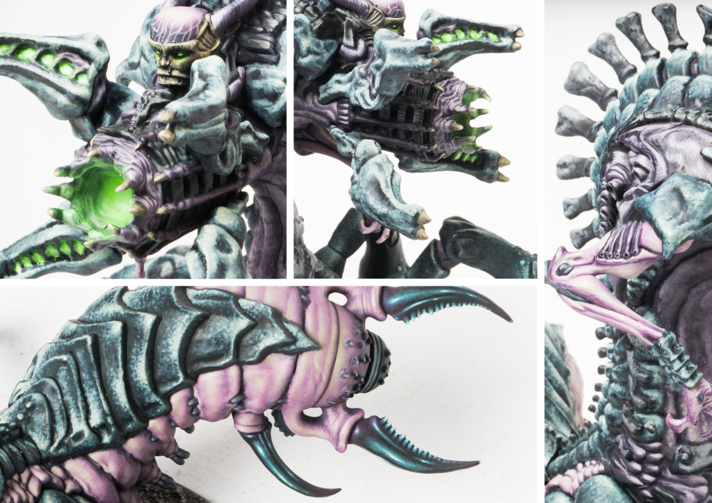 Detailed close-up views of the Spires Consumption Beast, highlighting the textures of its tongue, teeth, and organic armor plating.