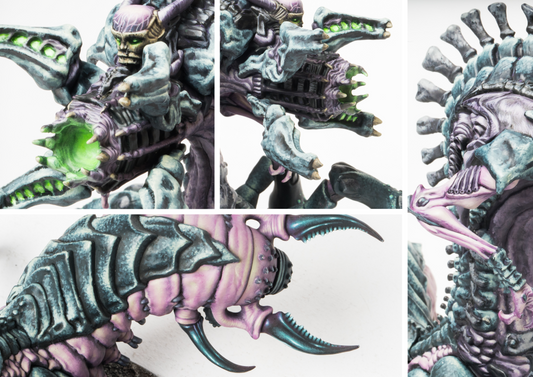 Detailed close-up views of the Spires Consumption Beast, highlighting the textures of its tongue, teeth, and organic armor plating.