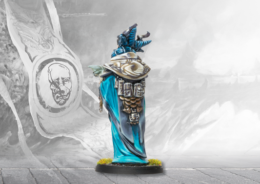 The back view of the Spires Merchant Prince miniature, highlighting the intricate sculptural details of her flowing teal robes and organic armor components.