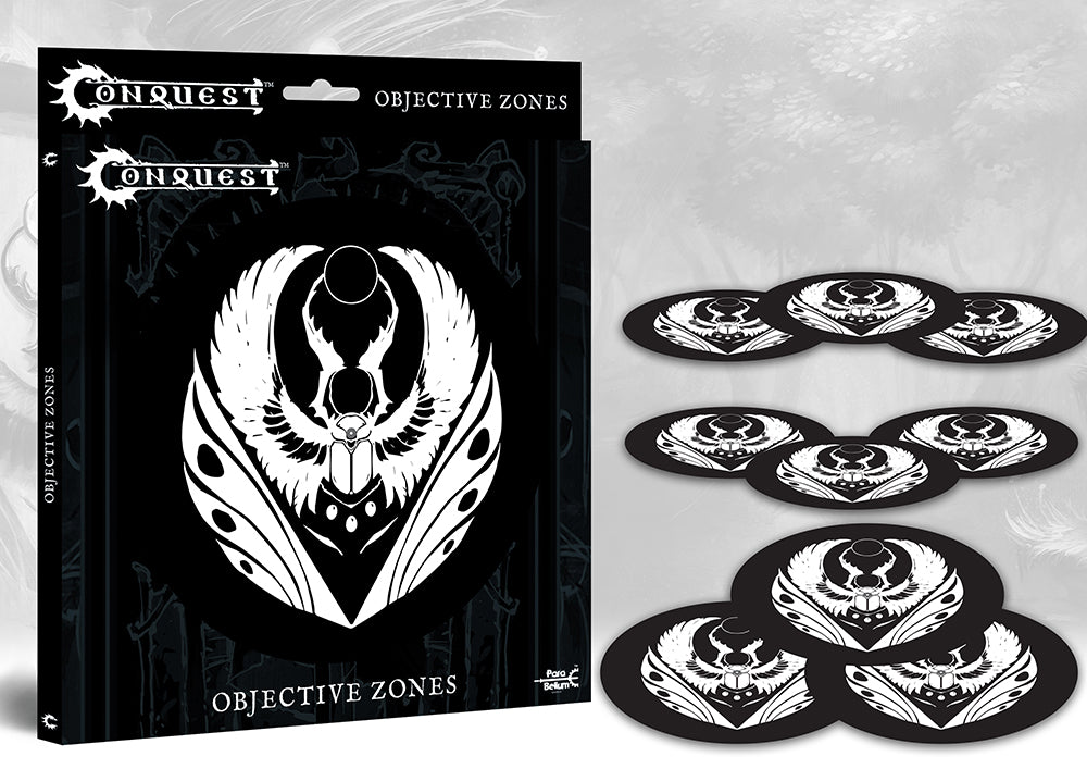The product packaging for Conquest: Objective Zones, shown next to the nine oval objective markers featuring the black and white Weaver Courts scarab beetle logo.