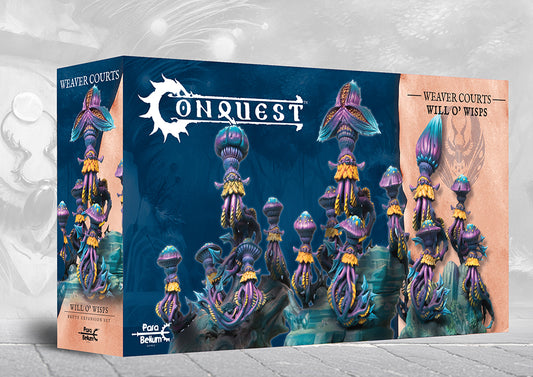 The product box for the Conquest Weaver Courts Will o’ Wisps brute expansion set, showing the alien, jellyfish-like miniatures on the cover.