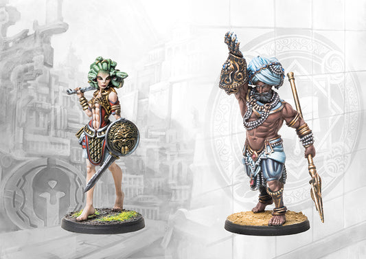 The two painted character miniatures from the Fanning the Fire pack: a City States Gorgon with a sword and shield, and a Sorcerer Kings Ghilman with a spear.