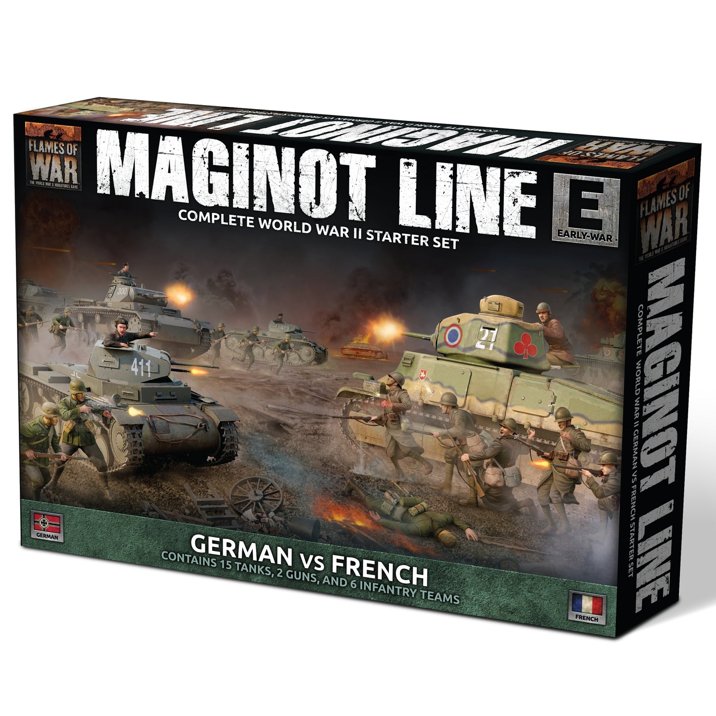 Product box for the Flames of War Maginot Line starter set, containing 15 tanks, 2 guns, and 6 infantry teams for German vs French Early War combat.