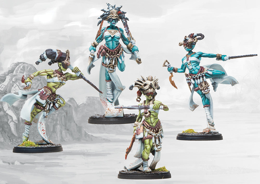 Four individual painted W'adrhŭn Chosen of Death and Veterans models in dynamic poses, emphasizing their deadly grace and unique tribal headgear.