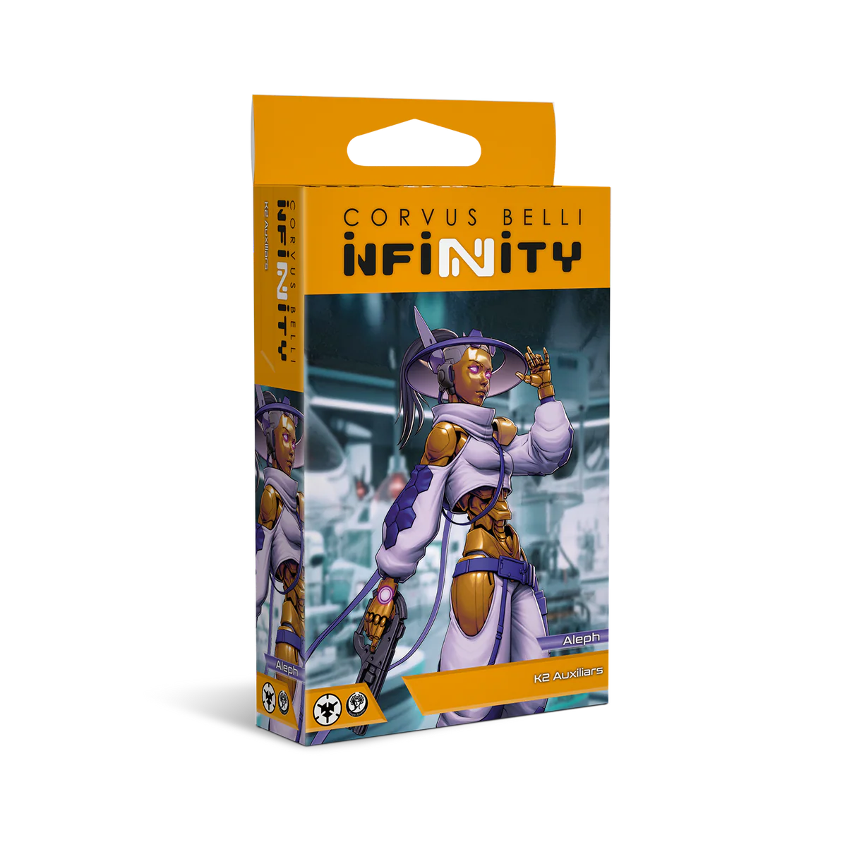 The product box for the Aleph K2 Auxiliars, featuring high-tech purple and white armor artwork for the Infinity wargame.