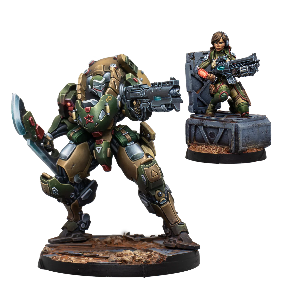 The painted Anaconda Mercenary TAG miniature set, including the massive armored mech with a sword and its separate female pilot miniature.