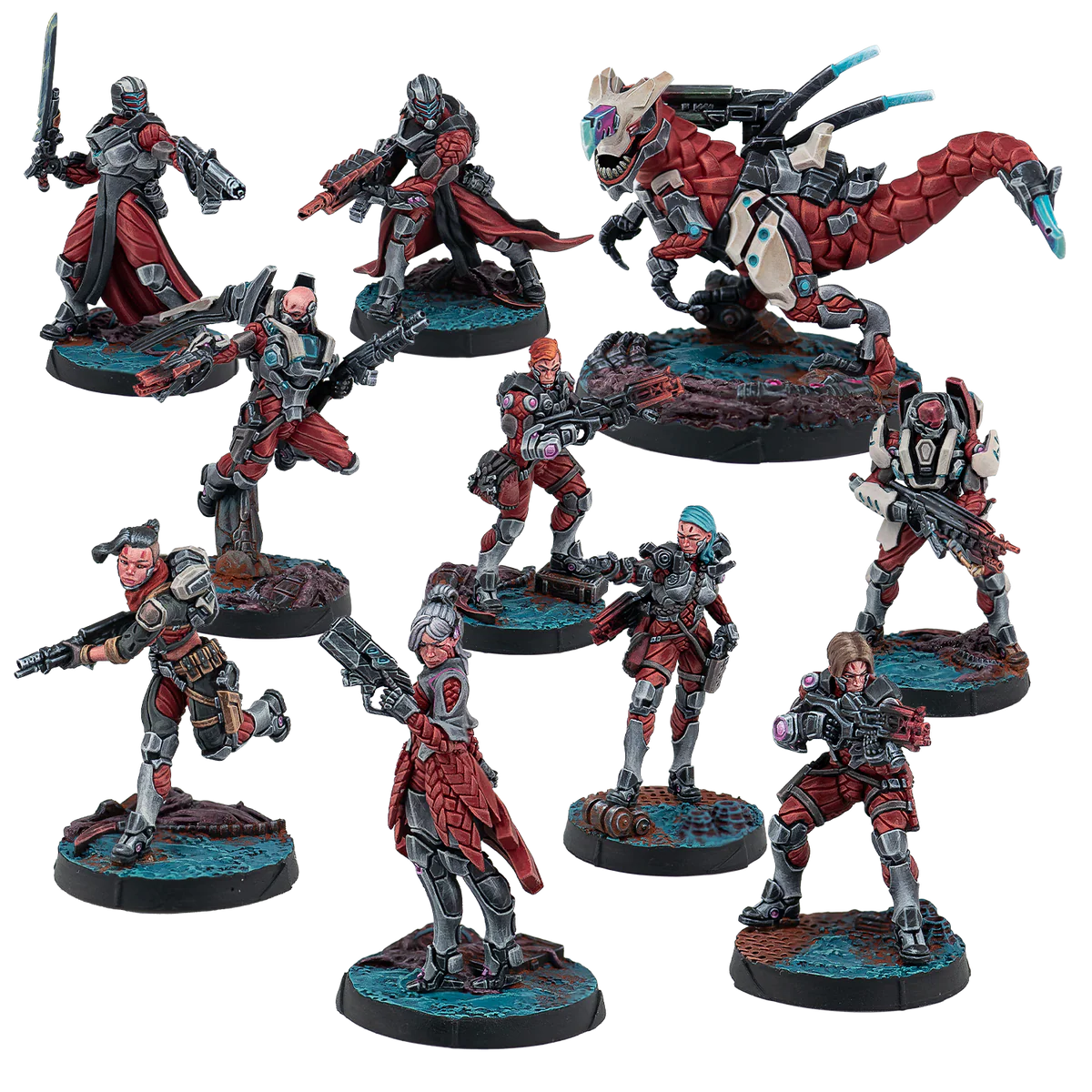 A display of all the painted miniatures from the Infinity Next Wave Action Pack, including several infantry models and a large red bio-mechanical creature.