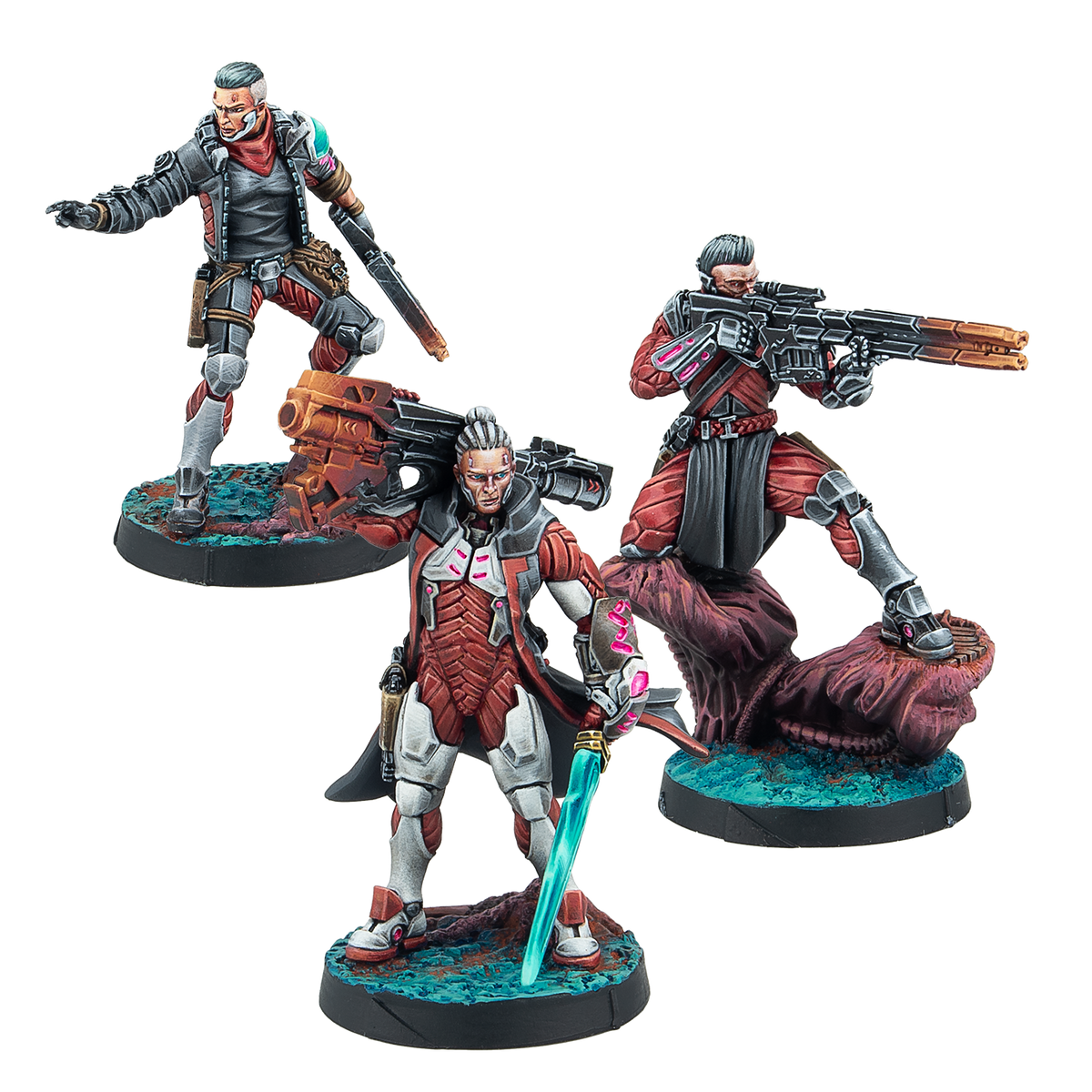 Three painted miniatures from the Next Wave Expansion Pack Alpha, including a heavy weapon specialist and a sniper for the Combined Army faction.