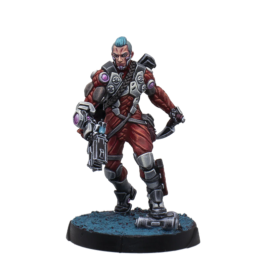 The fully painted exclusive Harbinger Paramedic miniature included in the Infinity Combined Army Paint Set, armed and wearing red and white combat gear.