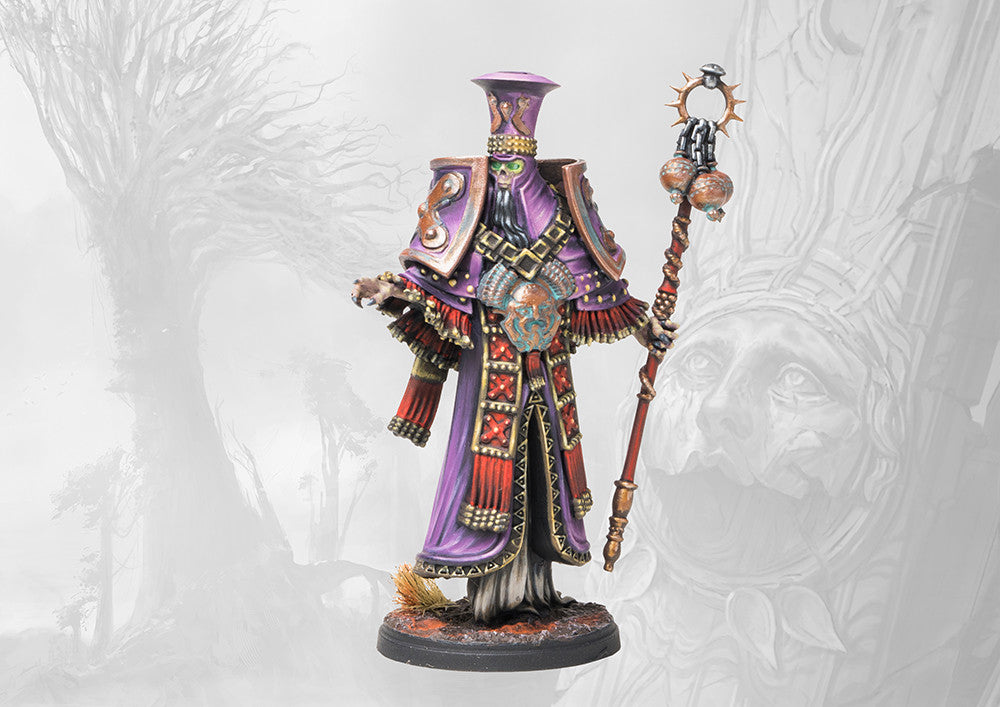 A close-up of the painted Old Dominion Archimandrite miniature from Conquest: Ashes and Faith, dressed in ornate purple robes and holding a tall staff.