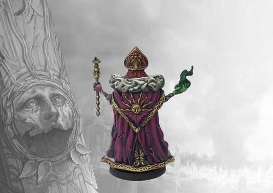A rear view of the painted Old Dominion Archimandrite miniature, highlighting the detailed purple cloak with a golden sun emblem and the back of the headdress.