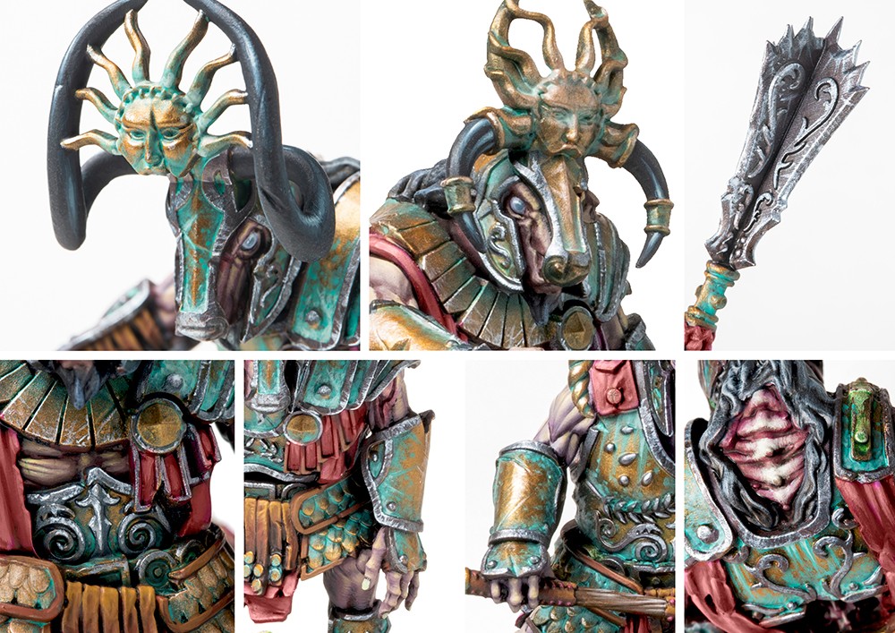A collage of close-up images of the Old Dominion Buccephaloi models, highlighting the intricate details of their ram and sun-themed helmets, armor, and weapons.