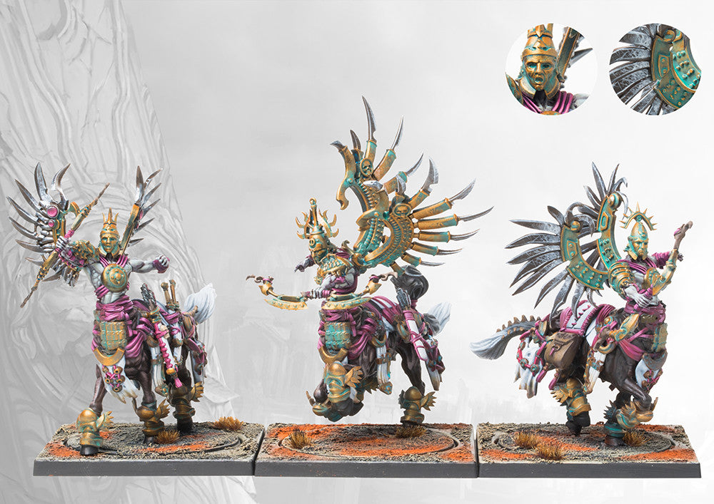 Three fully painted Old Dominion Centaur Kerykes miniatures on square bases, showcasing their ornate armor, large mechanical wings, and dynamic poses.