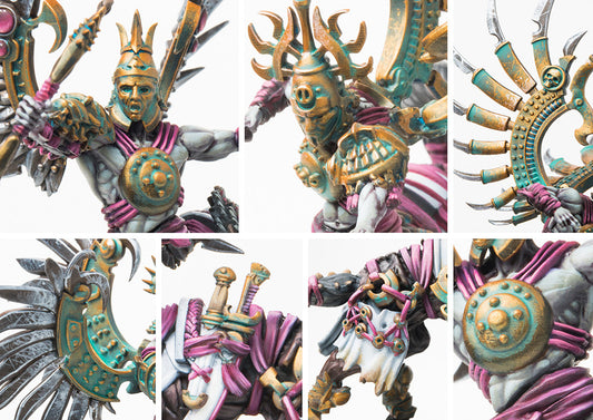 A collage of close-up images highlighting the fine details of the Old Dominion Centaur Kerykes models, including their helmets, intricate armor, and weaponry.