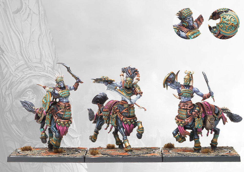Three fully painted Old Dominion Centaur Prodromoi miniatures on square bases, armed with swords and shields and depicted in dynamic charging poses.