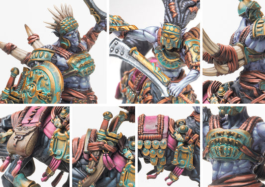 A photo collage of close-up shots showcasing the intricate details of the Old Dominion Centaur Prodromoi models, including their armor, weapons, and equipment.