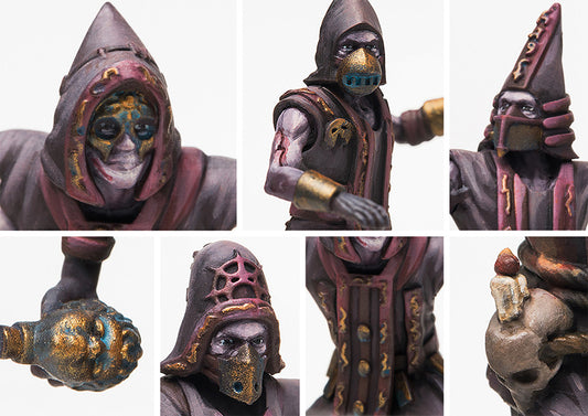 A collage of close-up photos of the Old Dominion Cultist models, highlighting the intricate details of their various masks, hoods, flasks, and robed clothing.