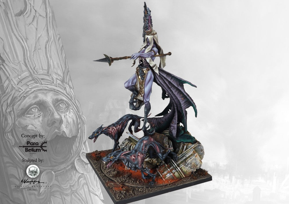 Side profile of the painted Fallen Divinity miniature with an alternate helmeted head option, holding a spear and standing over demonic hounds.