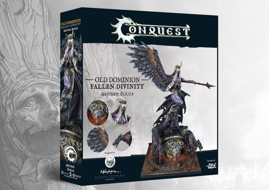 The product box for the Old Dominion Fallen Divinity Artisan Series resin miniature, showing the large, winged angelic figure and detail shots on the cover.