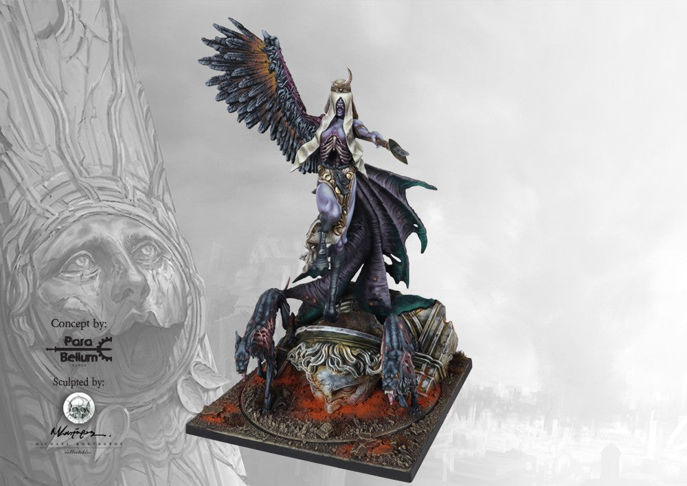 Front view of the painted Fallen Divinity miniature, a winged undead angelic figure standing on a ruined pillar flanked by demonic hounds.