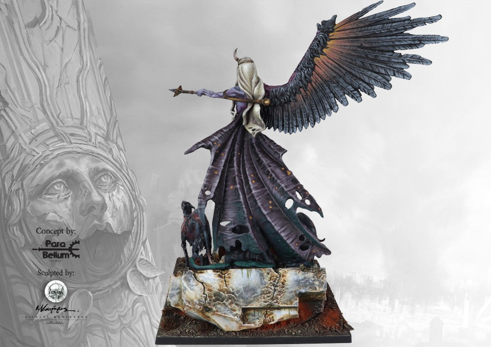 Rear view of the painted Fallen Divinity miniature, showcasing the immense detail on the large feathered wing, tattered cloak, and ruined base.