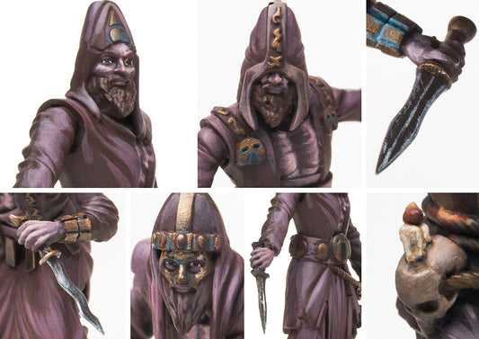 A collage of close-up photos of the Old Dominion Hashashin models, highlighting the fine details of their daggers, masked and unmasked heads, and robes.