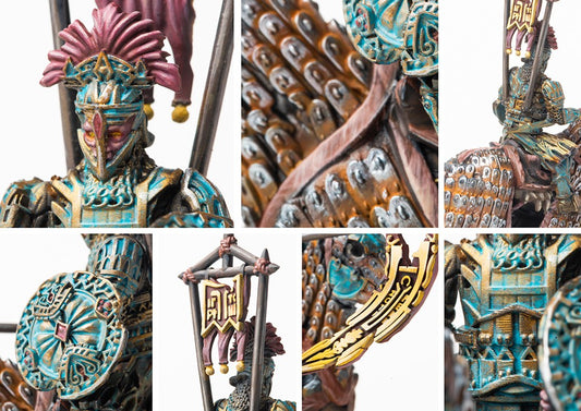A collage of close-up images showcasing the intricate details of the Old Dominion Hetairos Officer model, including its helmet, shield, banner, and horse armor.