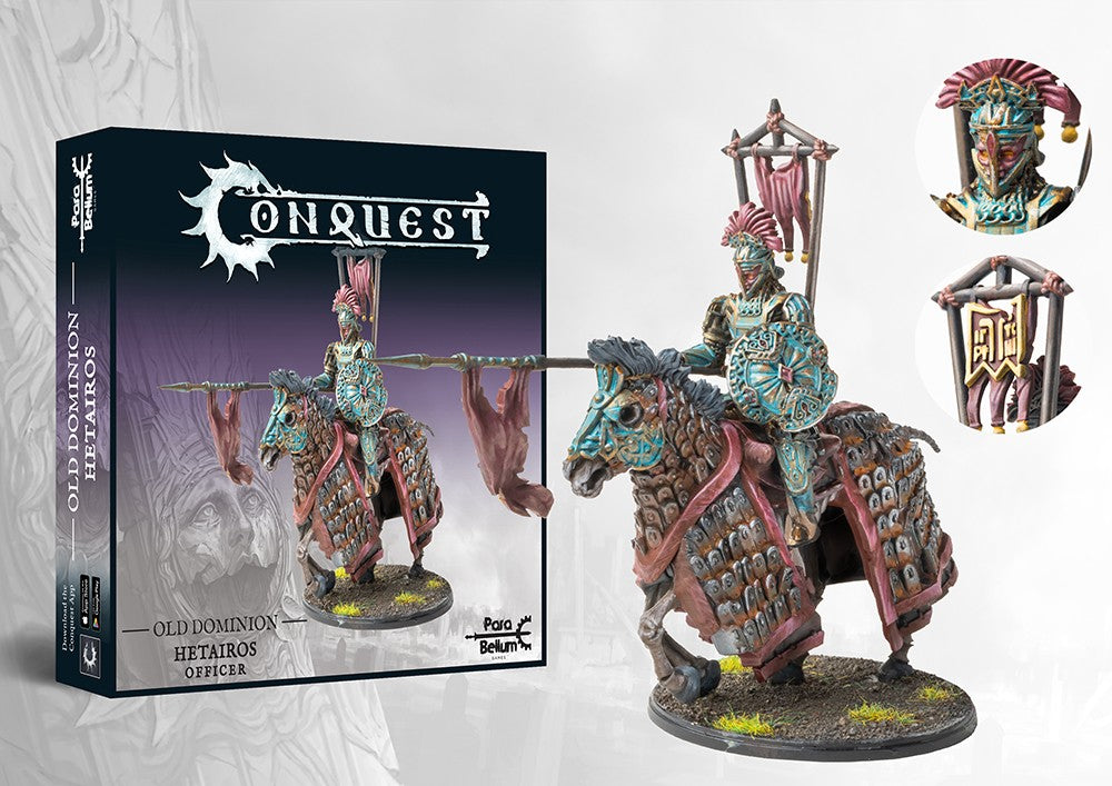 The product box and painted miniature for the Old Dominion Hetairos Officer, a mounted cavalry leader with a lance and heavily barded undead horse.