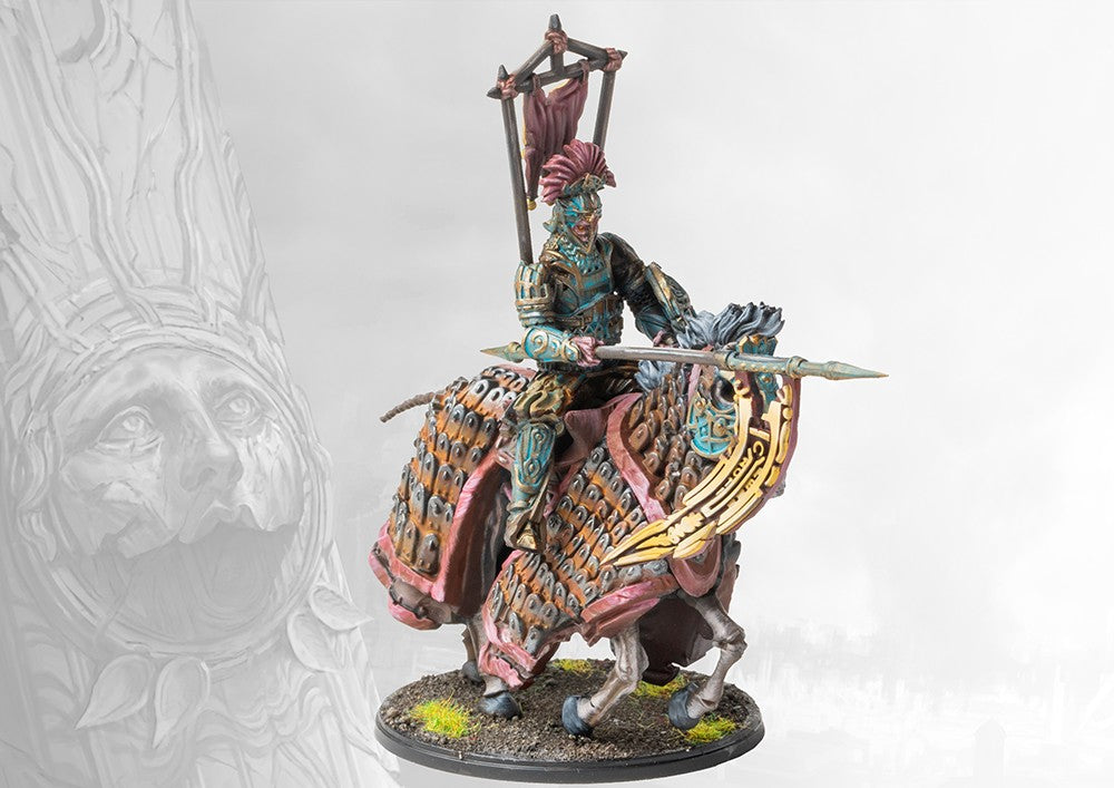 A fully painted Old Dominion Hetairos Officer miniature for Conquest, featuring a heavily armored rider with a crested helmet on an undead barded horse.