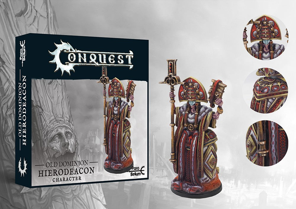 The product box and painted miniature for the Old Dominion Hierodeacon, a character in ornate red and gold robes holding a staff, with detail callouts.