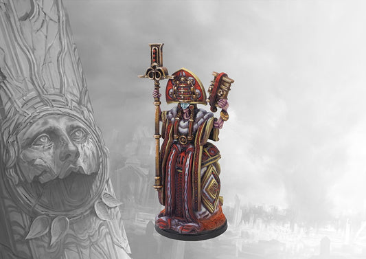 A fully painted Old Dominion Hierodeacon character miniature for Conquest, featuring a figure in elaborate red robes with a large, masked headdress.